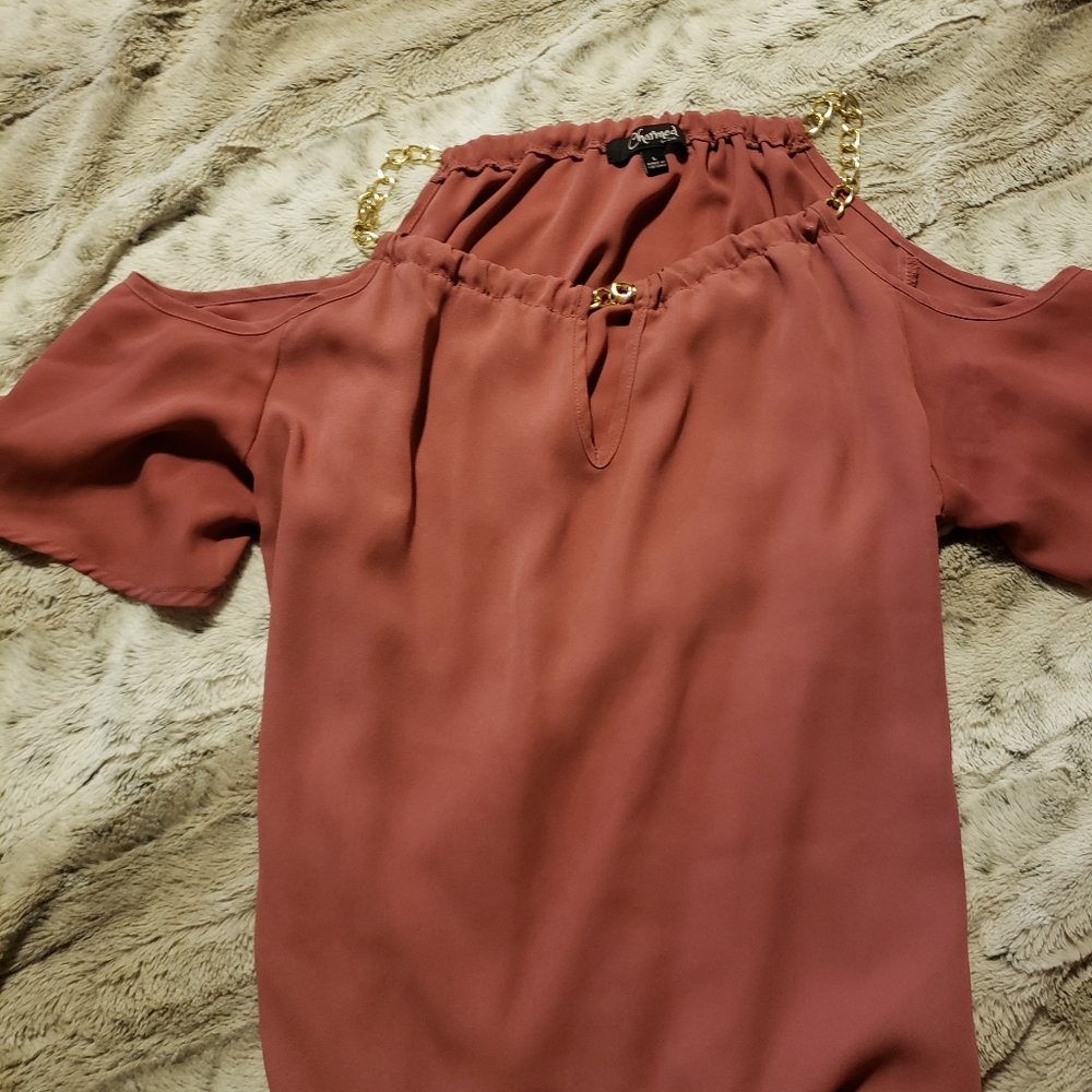 Pink chiffon open shoulder blouse